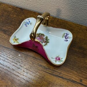 Vtg Limoges France Porcelain Trinket Dish w/ Gold Handle Floral - Hand Painted